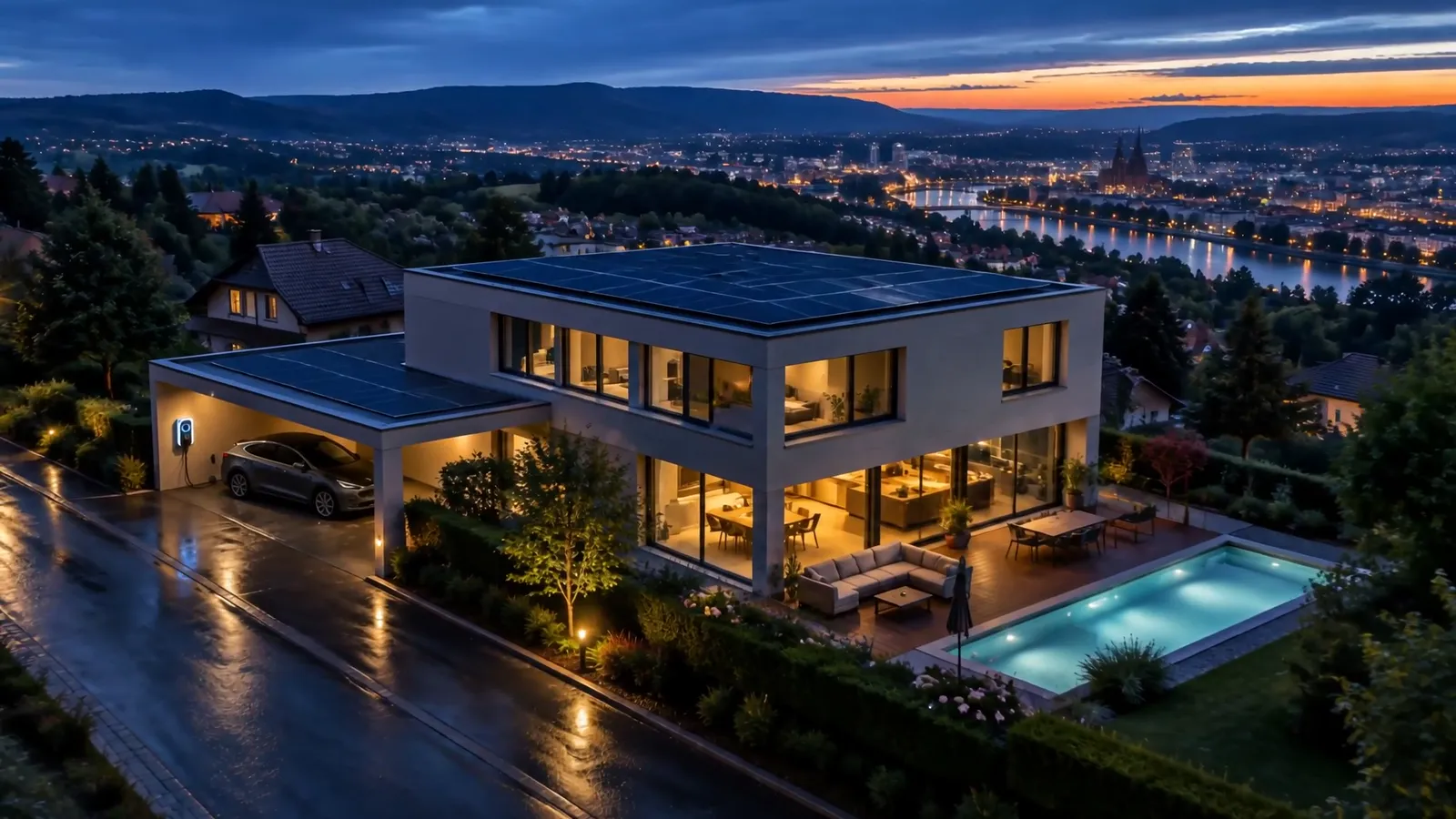 Haus mit Solardach und ladendem Auto