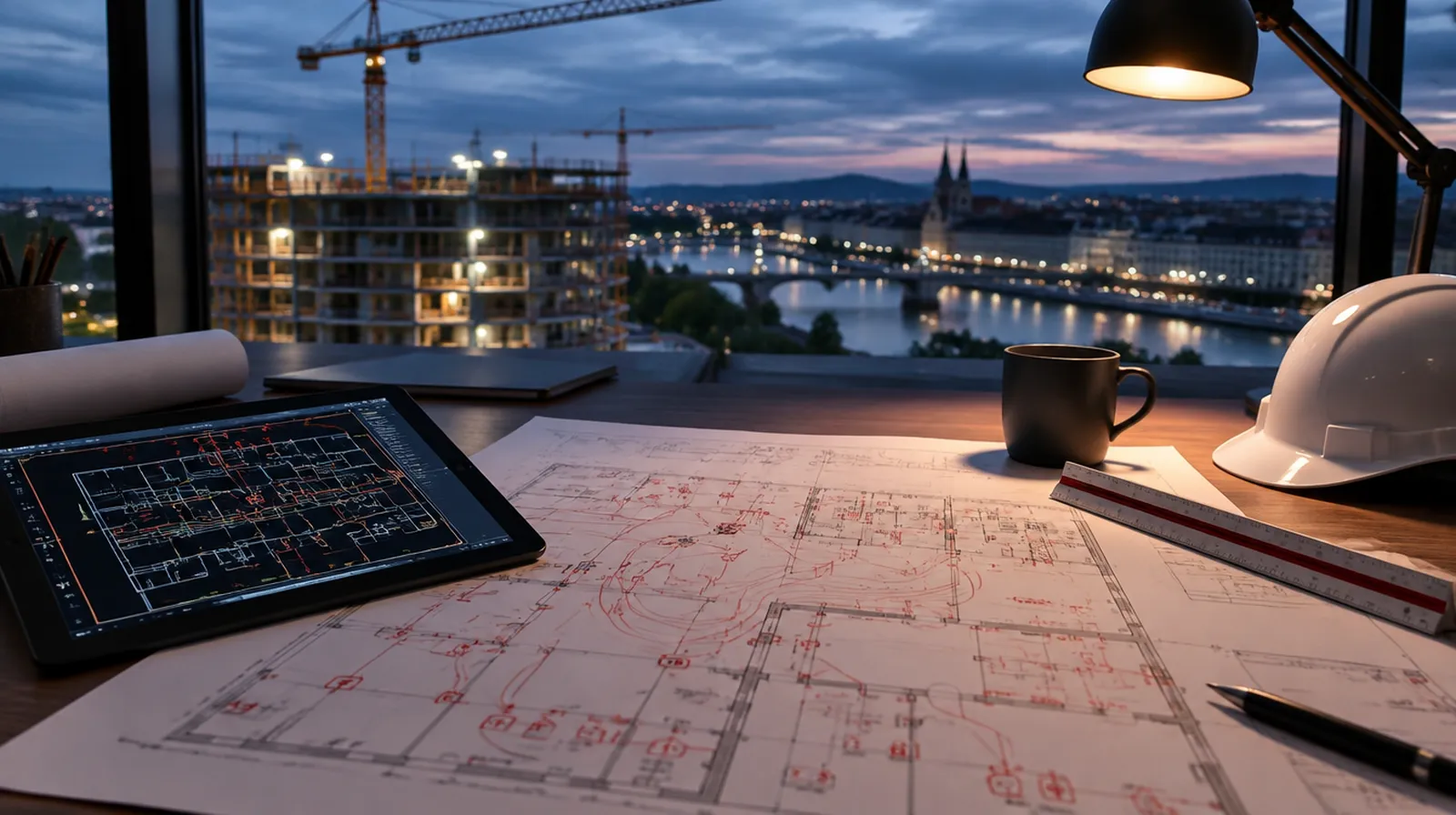 Elektropläne und Tablet mit CAD-Zeichnung auf einem Schreibtisch