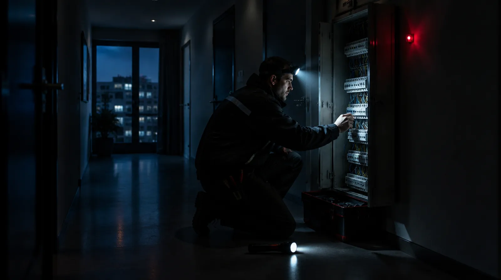 Elektriker mit Stirnlampe am Verteiler